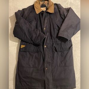 Woolrich Flannel Lined Coat Mens XL Full Zip Leather Collar Navy Blue